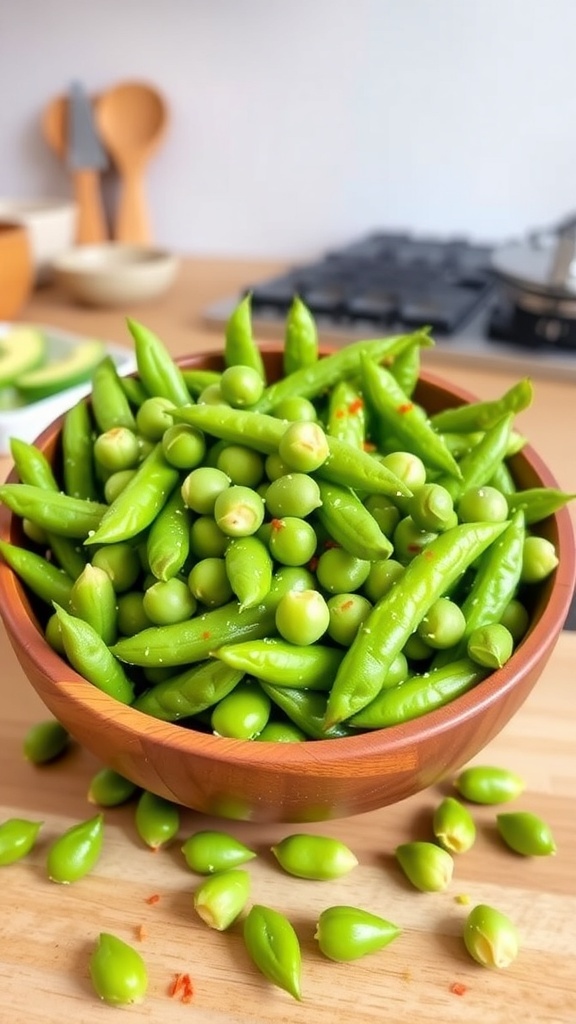 Crispy Air Fryer Edamame Beans Recipe A bowl of crispy air fryer edamame beans with chili flakes, on a wooden table.